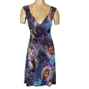 Colorful Novelty Peacock Print Slinky Sleeveless Dress Cutout Back S/M 75S